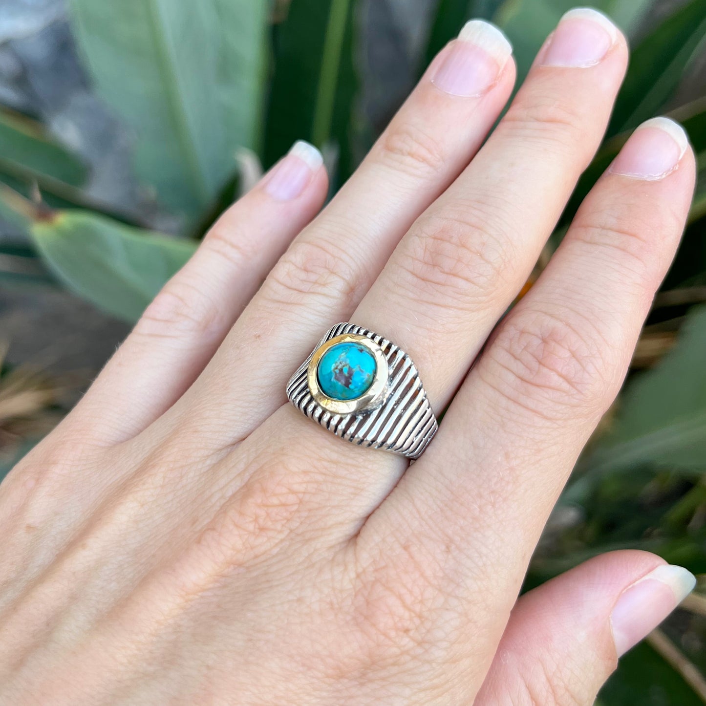 Jewelry sterling silver ring with Gold and natural Turquoise