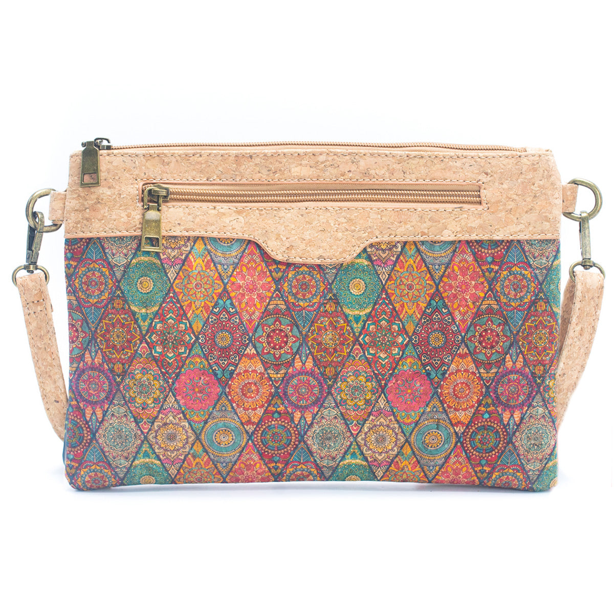 Natural Cork with Printed Design - Women's Crossbody and Clutch Bag