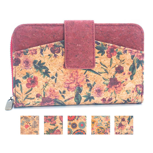 Cork Women's Rose&Plant Card Holder Mini-Flap Printed Wallet