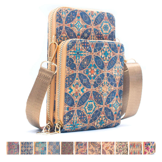 Double zipper Natural Cork Crossbody Wallet mobile phone bag