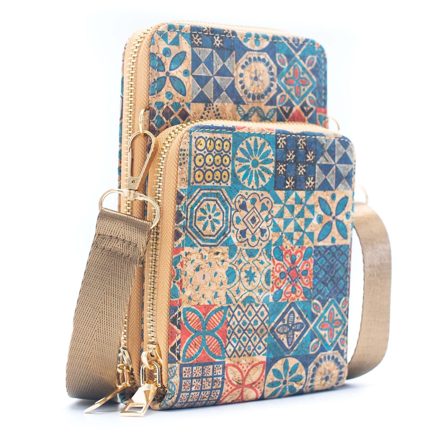 Double zipper Natural Cork Crossbody Wallet mobile phone bag