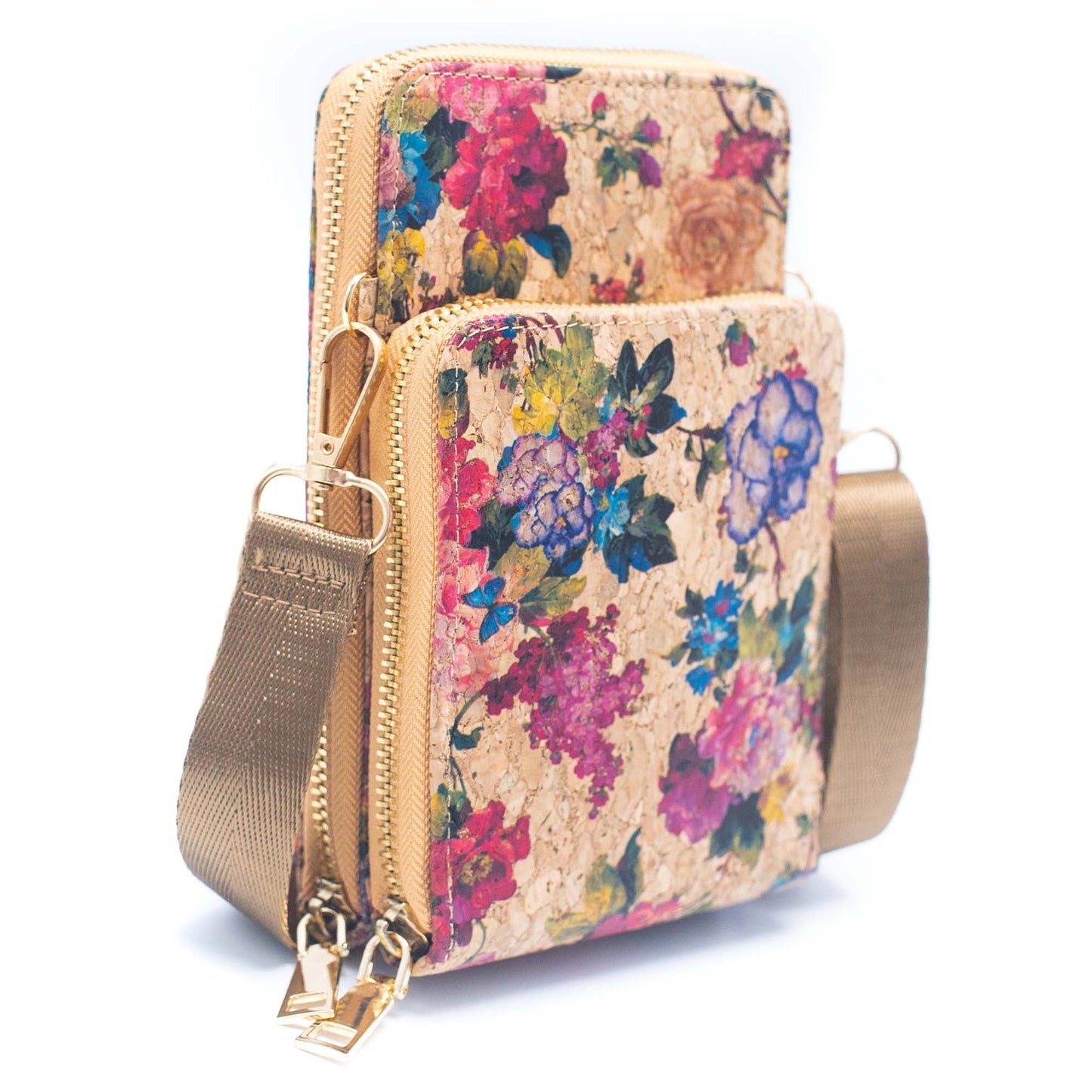 Double zipper Natural Cork Crossbody Wallet mobile phone bag