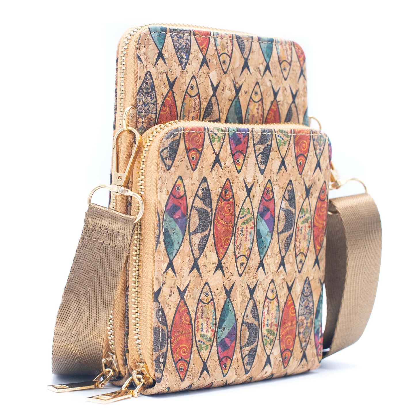 Double zipper Natural Cork Crossbody Wallet mobile phone bag