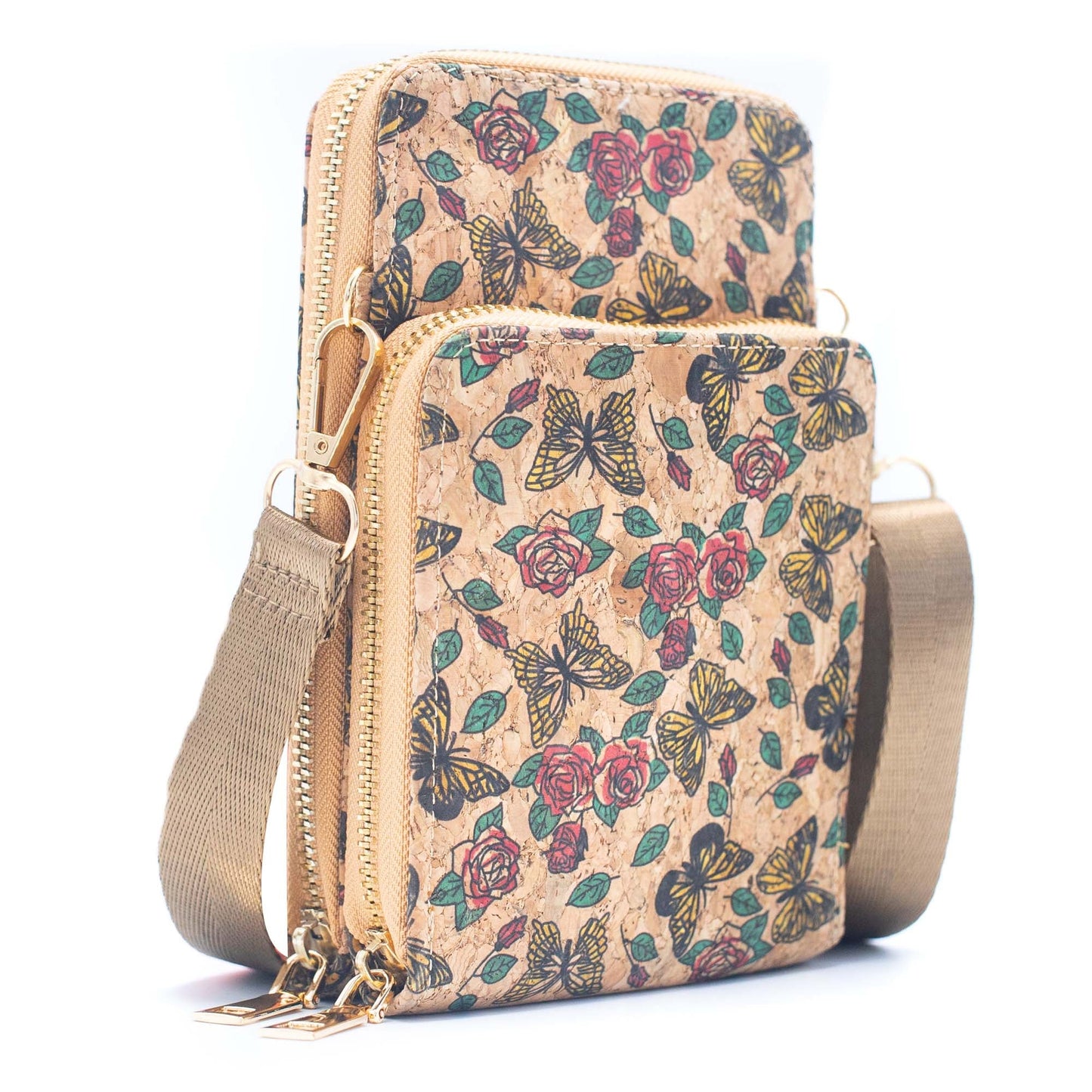 Double zipper Natural Cork Crossbody Wallet mobile phone bag