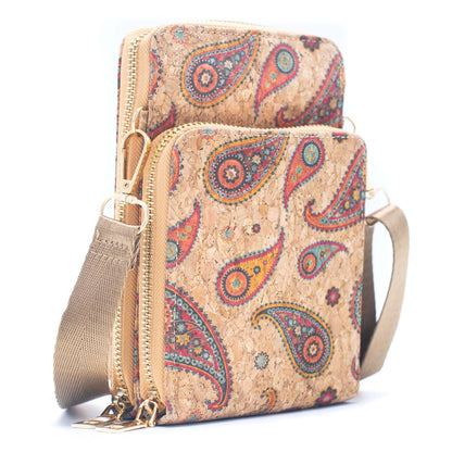 Double zipper Natural Cork Crossbody Wallet mobile phone bag