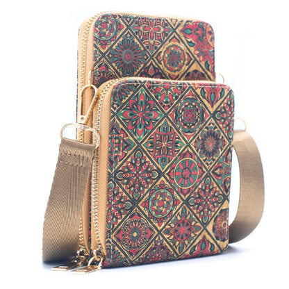 Double zipper Natural Cork Crossbody Wallet mobile phone bag