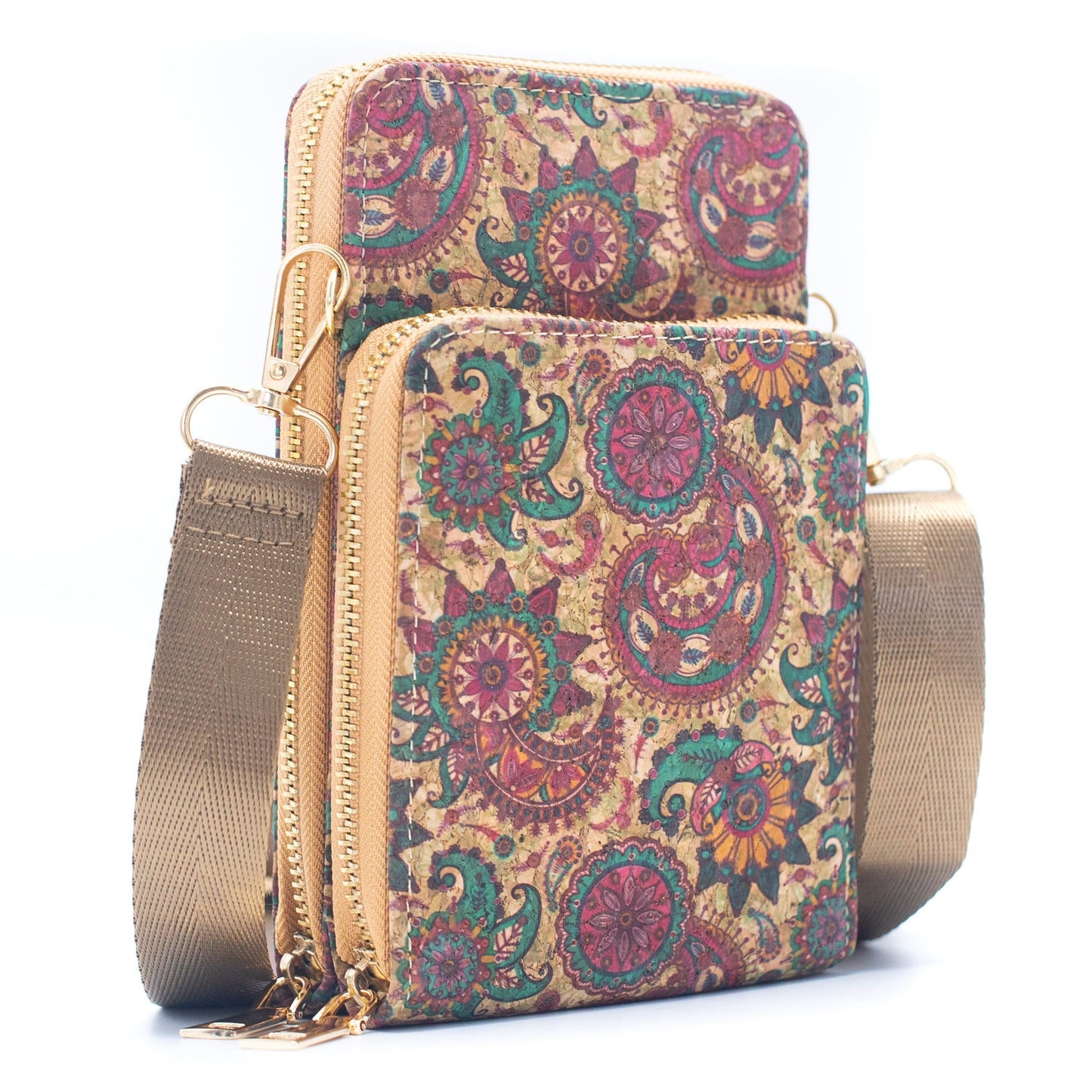 Double zipper Natural Cork Crossbody Wallet mobile phone bag