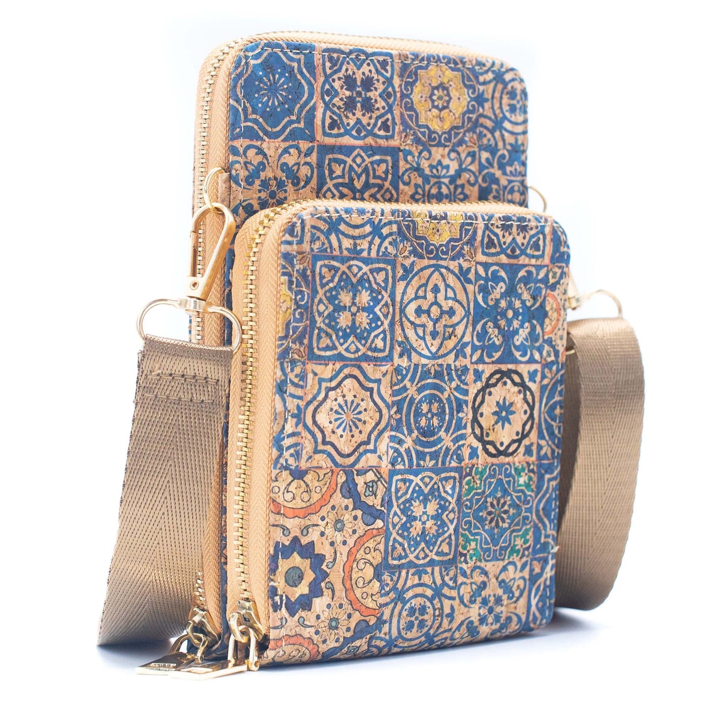 Double zipper Natural Cork Crossbody Wallet mobile phone bag