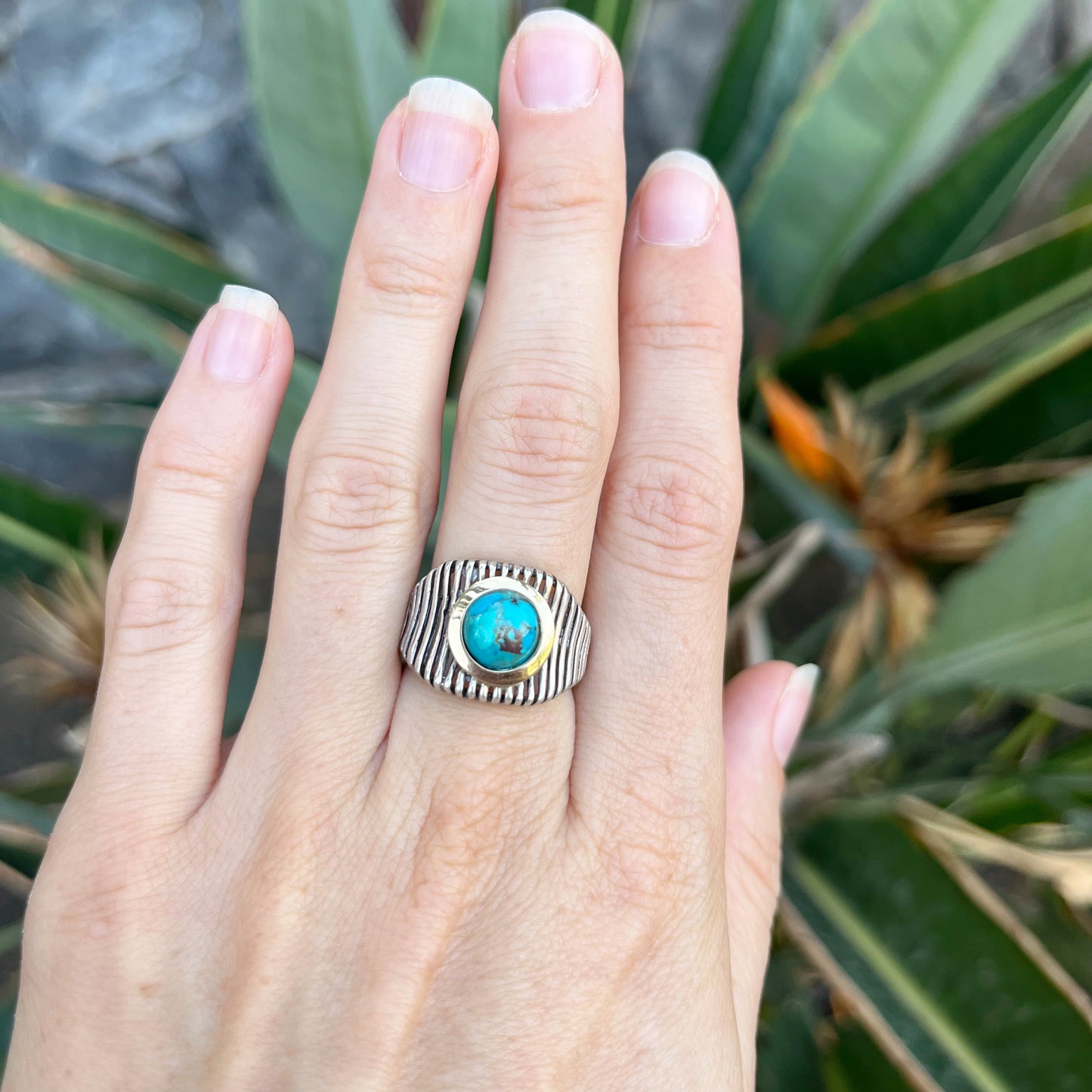 Jewelry sterling silver ring with Gold and natural Turquoise