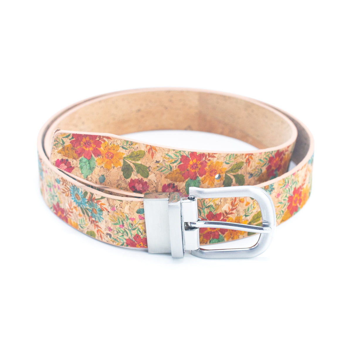 Floral Print Cork Women's Belt with Adjustable Buckle