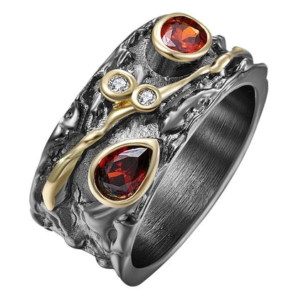 Baroque style ring for women, black gold plated red CZ engagement party jewelry, give her a different look