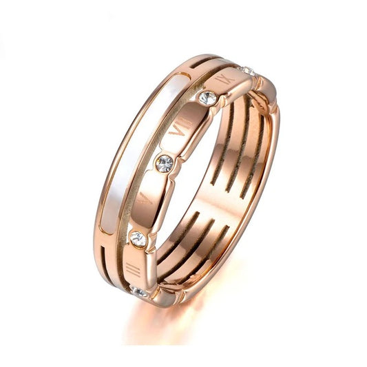 Cubic zirconia ring with roman numerals for women, stainless steel wedding band, Rose gold color