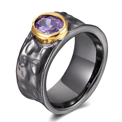 Women’s single stacking band ring, purple zirconia, black gold color, 2-tone, bestsellers jewelry