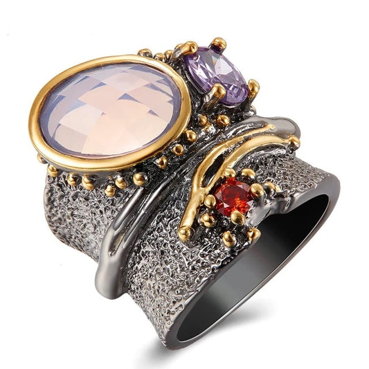 Women's Binding Look Wedding Ring, Black and Gold Color with Pink and Purple Zirconia, Wholesale