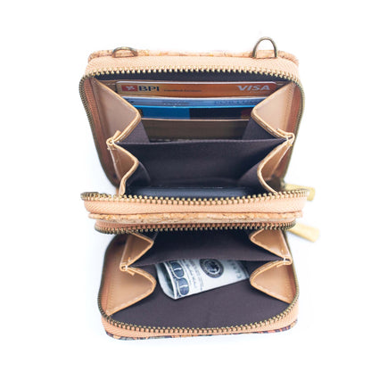 Natural Cork Crossbody double Zipper Wallet with Phone Compartiment