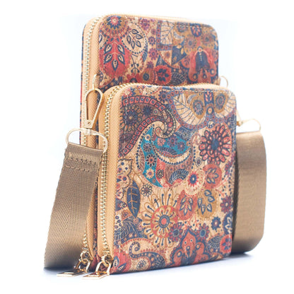 Double zipper Natural Cork Crossbody Wallet mobile phone bag