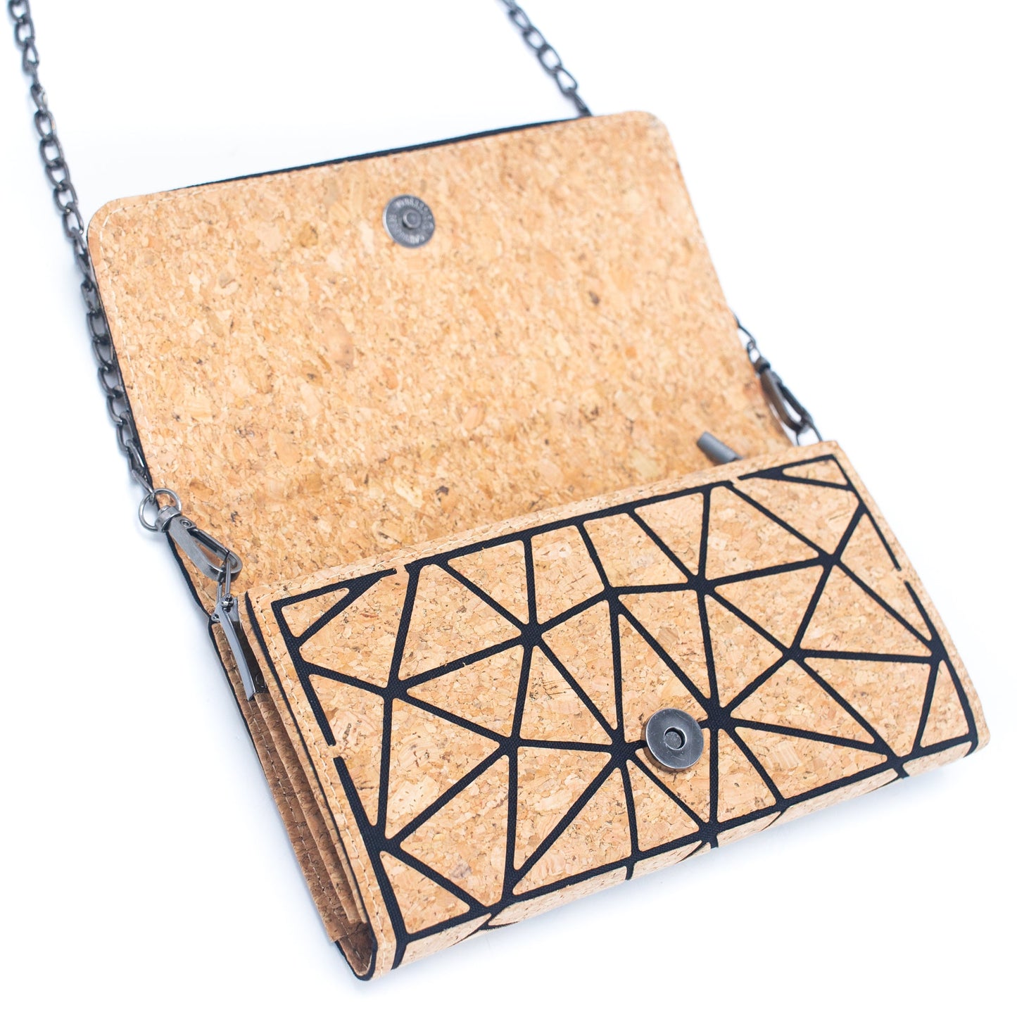 Geometric Pattern Natural Cork with Chain Ladies phone Wallet and Crossbody Bag