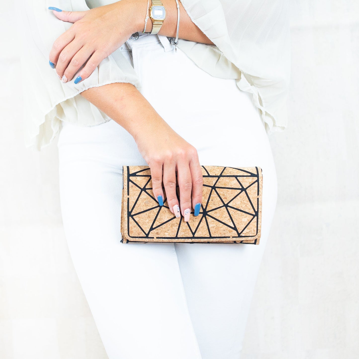 Geometric Pattern Natural Cork with Chain Ladies phone Wallet and Crossbody Bag