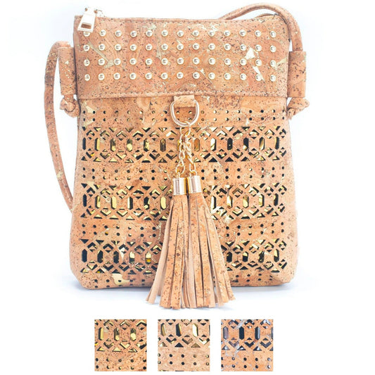 Gold and Silver Accented Cork Women's Cut-out Crossbody Bag with Fringe Zipper