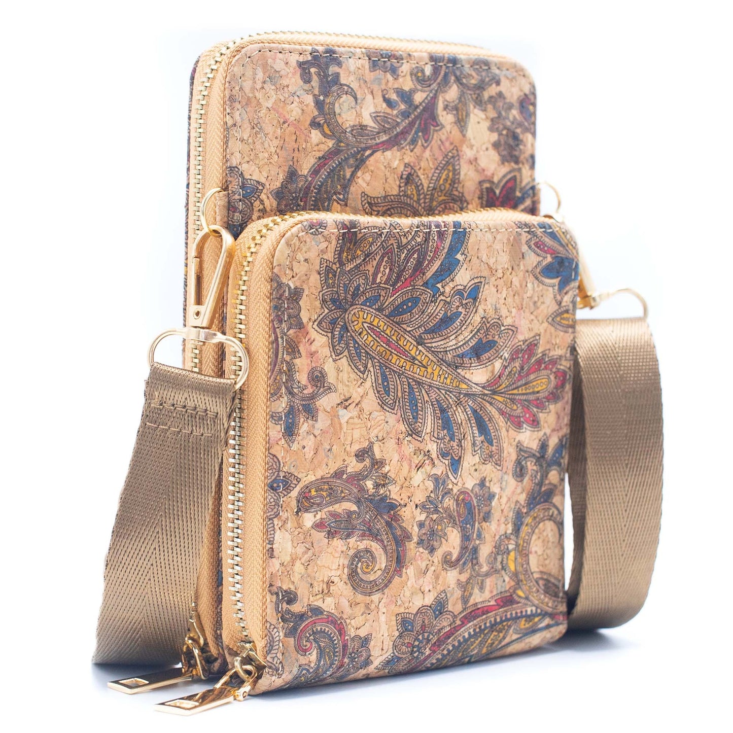 Double zipper Natural Cork Crossbody Wallet mobile phone bag