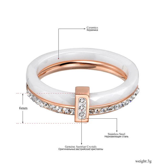 2 layer ceramic crystal glass wedding rings, rose gold plated jewelry, stainless steel rhinestones, engagement, black/white