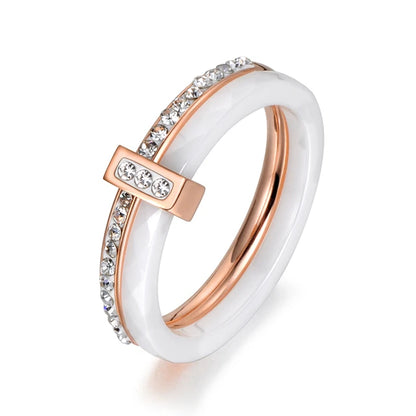 2 layer ceramic crystal glass wedding rings, rose gold plated jewelry, stainless steel rhinestones, engagement, black/white