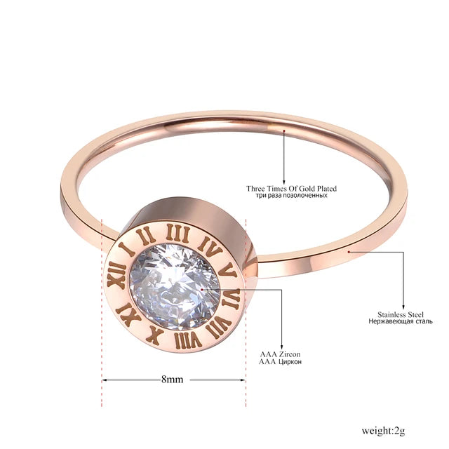 Stainless steel rings for women, AAA round zirconia jewelry with Roman numerals, basic models, rose gold color.