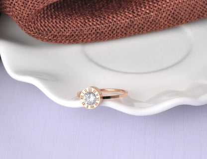 Stainless steel rings for women, AAA round zirconia jewelry with Roman numerals, basic models, rose gold color.