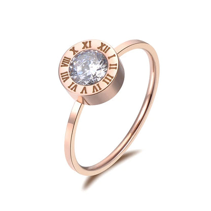 Stainless steel rings for women, AAA round zirconia jewelry with Roman numerals, basic models, rose gold color.