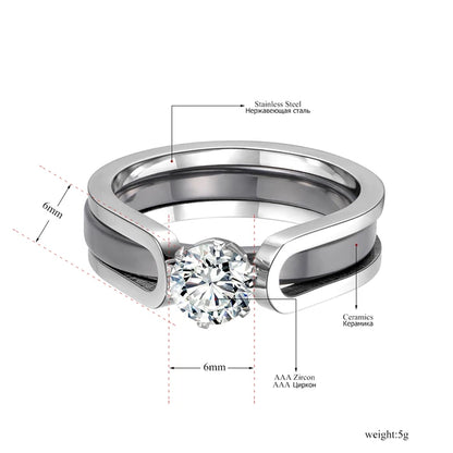 Ceramic crystal wedding rings, AAA zirconia stainless steel jewelry, rhinestone engagement rings, 2 layer, black/white