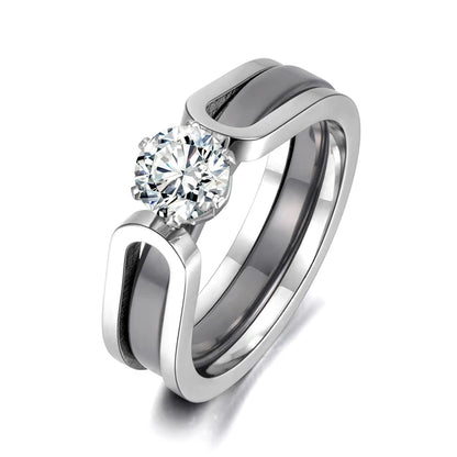 Ceramic crystal wedding rings, AAA zirconia stainless steel jewelry, rhinestone engagement rings, 2 layer, black/white