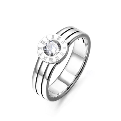 Classic women's titanium steel ring, ring with Roman numeral design, unique round shape, CZ crystal, elegant, for wedding anniversary