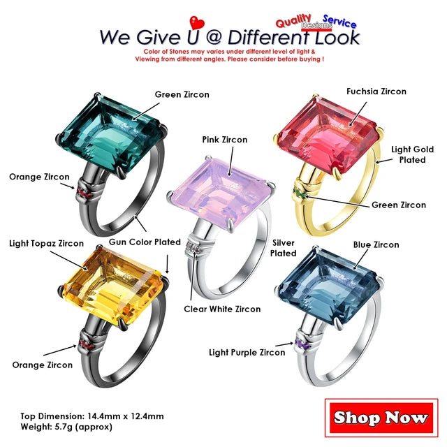 Women's engagement rings, fine cut square rings, colored zircon jewelry, birthday gift, wholesale gym