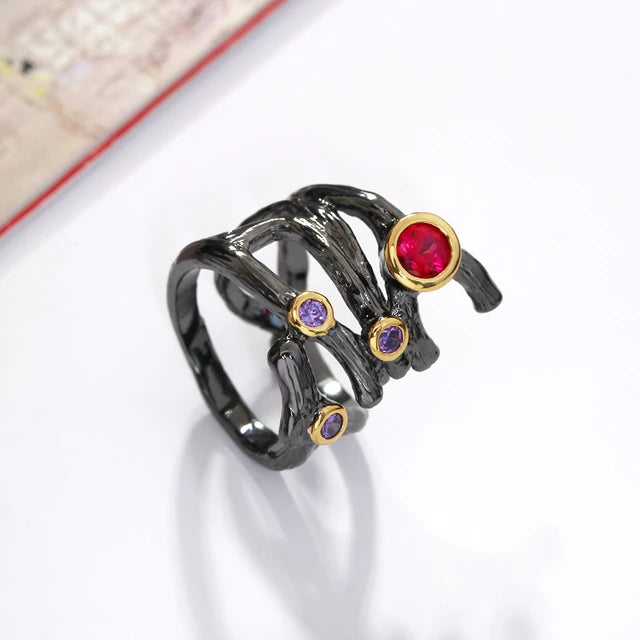 Women’s gothic hollow ring, braided rolling jewelry, fuchsia, purple, CZ, black Vintage, Color Rings