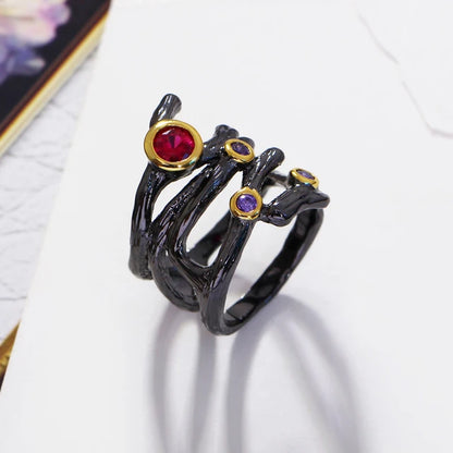 Women’s gothic hollow ring, braided rolling jewelry, fuchsia, purple, CZ, black Vintage, Color Rings