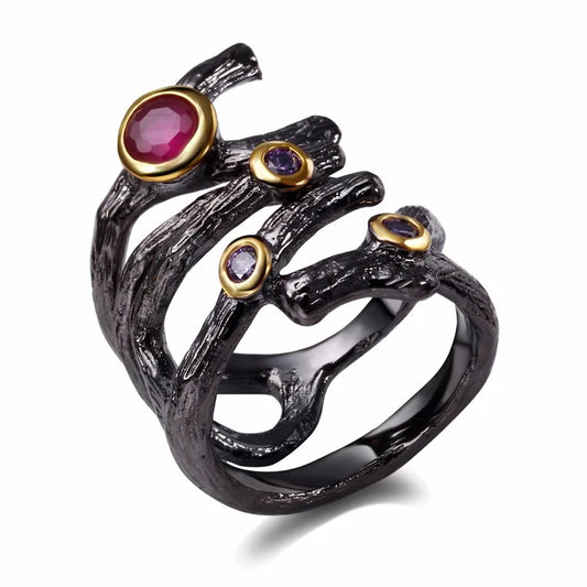 Women’s gothic hollow ring, braided rolling jewelry, fuchsia, purple, CZ, black Vintage, Color Rings