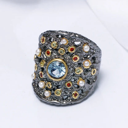 Large blue zirconia women's ring, colorful pearl beads, Christmas party jewelry