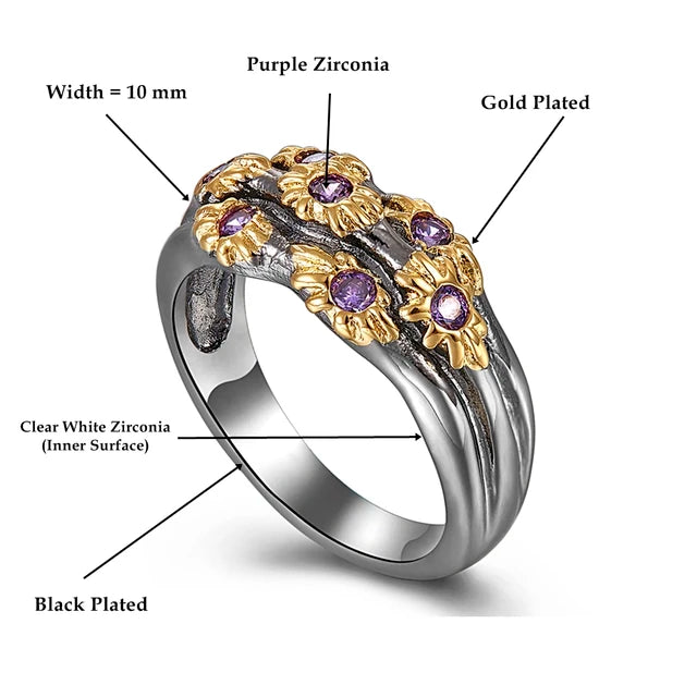 Neo gothic rings for women, wedding band, gold color flowers with purple zirconia, fashion jewelry, wholesale