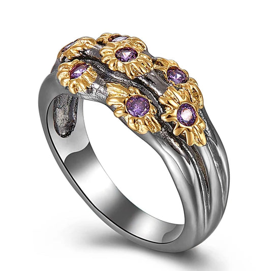 Neo gothic rings for women, wedding band, gold color flowers with purple zirconia, fashion jewelry, wholesale