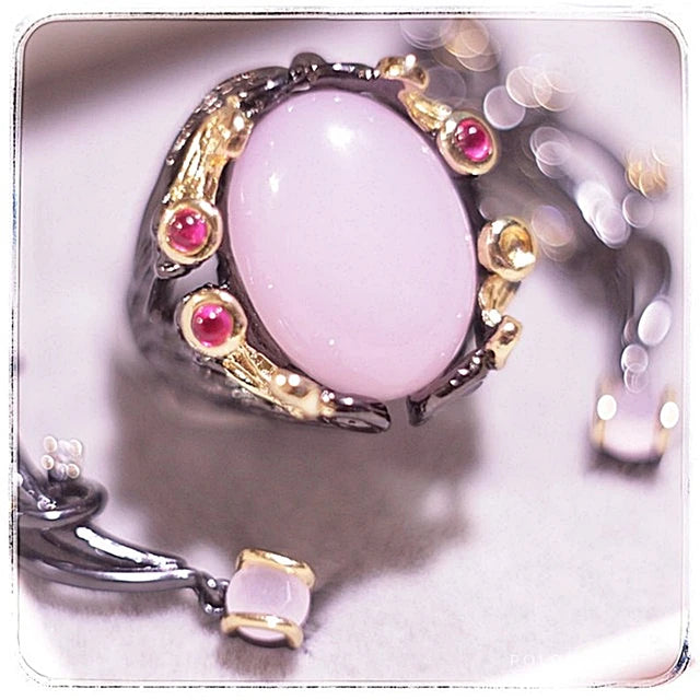 Gothic rings for women, vintage jewelry with fuchsia pink oval zirconia, black and gold color.