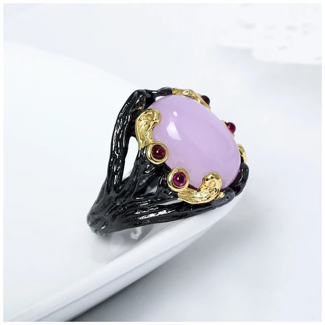 Gothic rings for women, vintage jewelry with fuchsia pink oval zirconia, black and gold color.