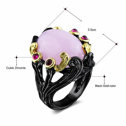 Gothic rings for women, vintage jewelry with fuchsia pink oval zirconia, black and gold color.