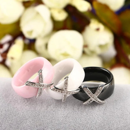 AAA crystal cross ceramic ring for women, fashion jewelry, wedding party accessories, gift design, 8 mm
