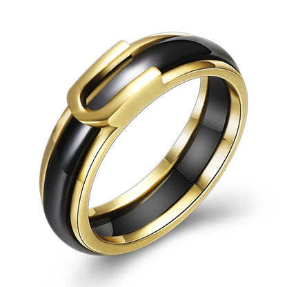 Gold color wedding ring for woman, ceramic ring, cubic zirconia,m, white and black