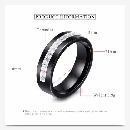 Women's black and white ceramic ring, single row Australian zirconia wedding engagement ring