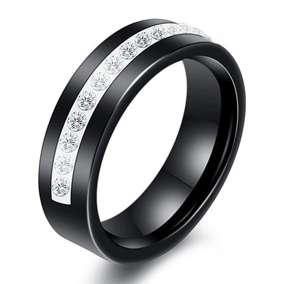 Women's black and white ceramic ring, single row Australian zirconia wedding engagement ring