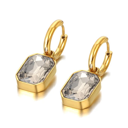 Women's stainless steel geometric square hoop earrings, sparkling cubic zirconia crystal jewelry