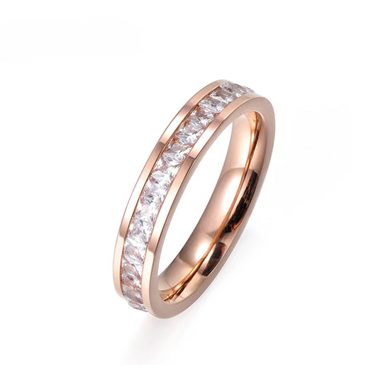 Titanium steel wedding ring for women, Simple clear cubic zirconia ring, Rose gold color, anniversary gift