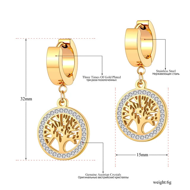 Women's and girls stainless steel bohemian hoop earrings, cubic zirconia crystal tree earrings, titanium jewelry