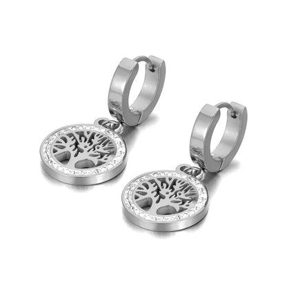 Women's and girls stainless steel bohemian hoop earrings, cubic zirconia crystal tree earrings, titanium jewelry
